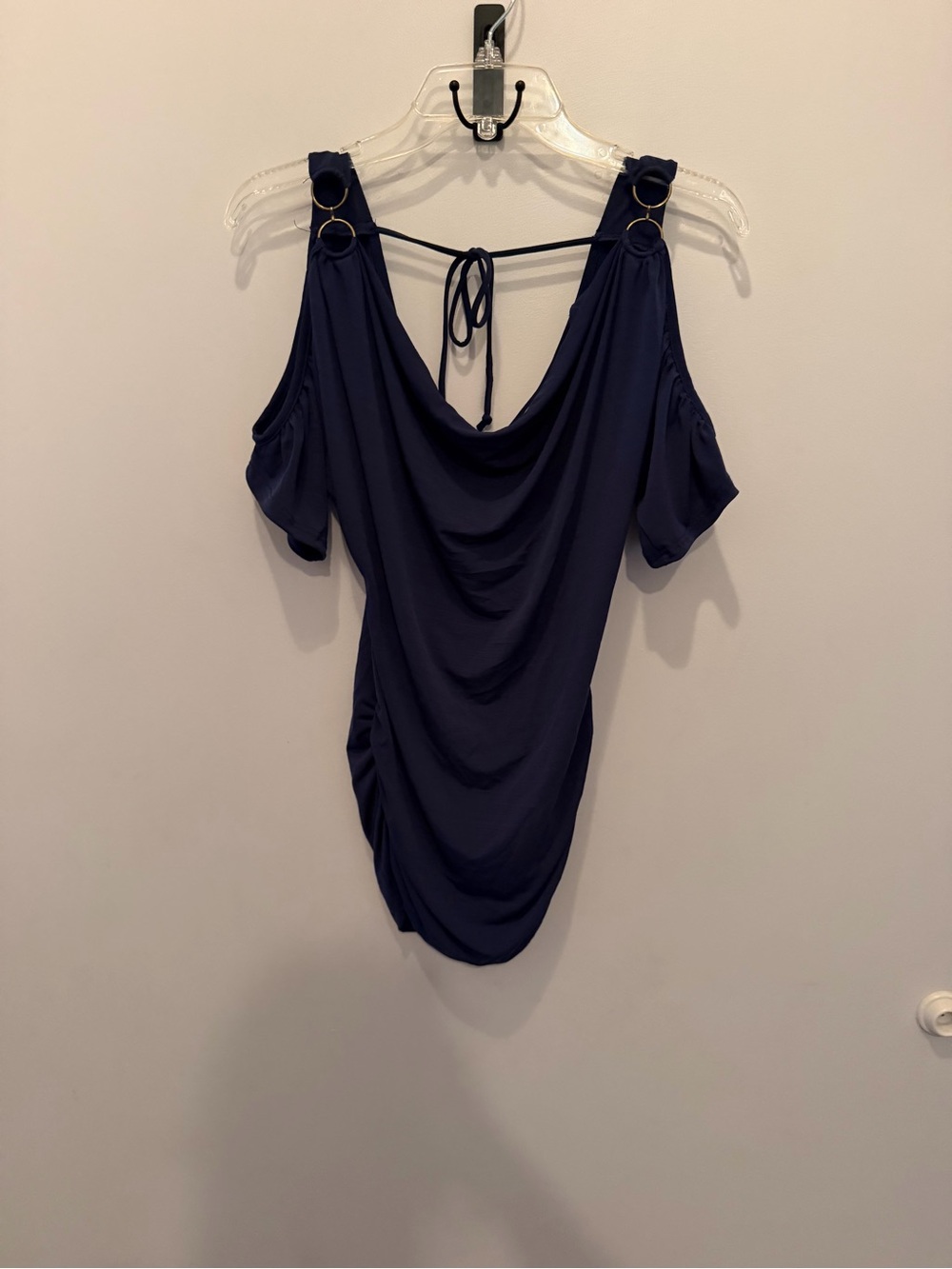 Wet Seal Navy Cold-Shoulder Drape Top with Ring Accents